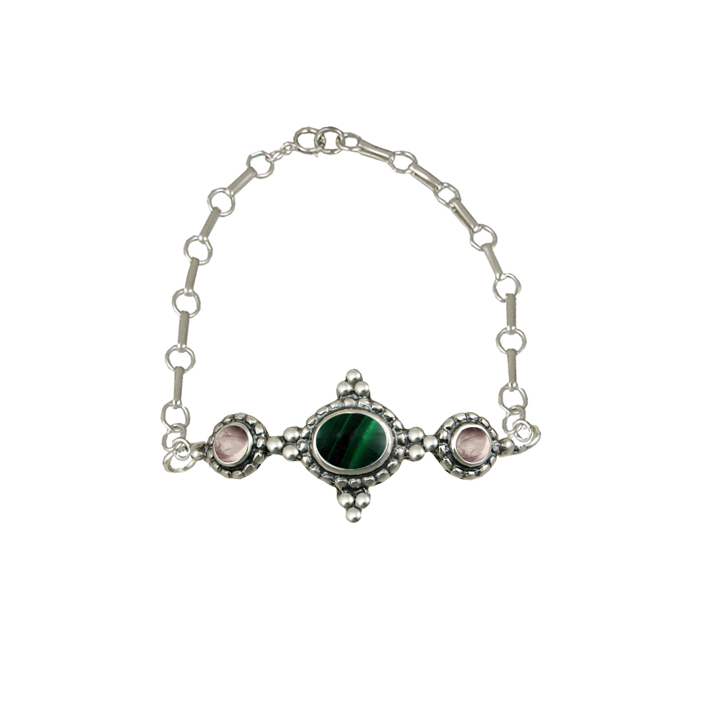 Sterling Silver Gemstone Adjustable Chain Bracelet With Malachite And Rose Quartz